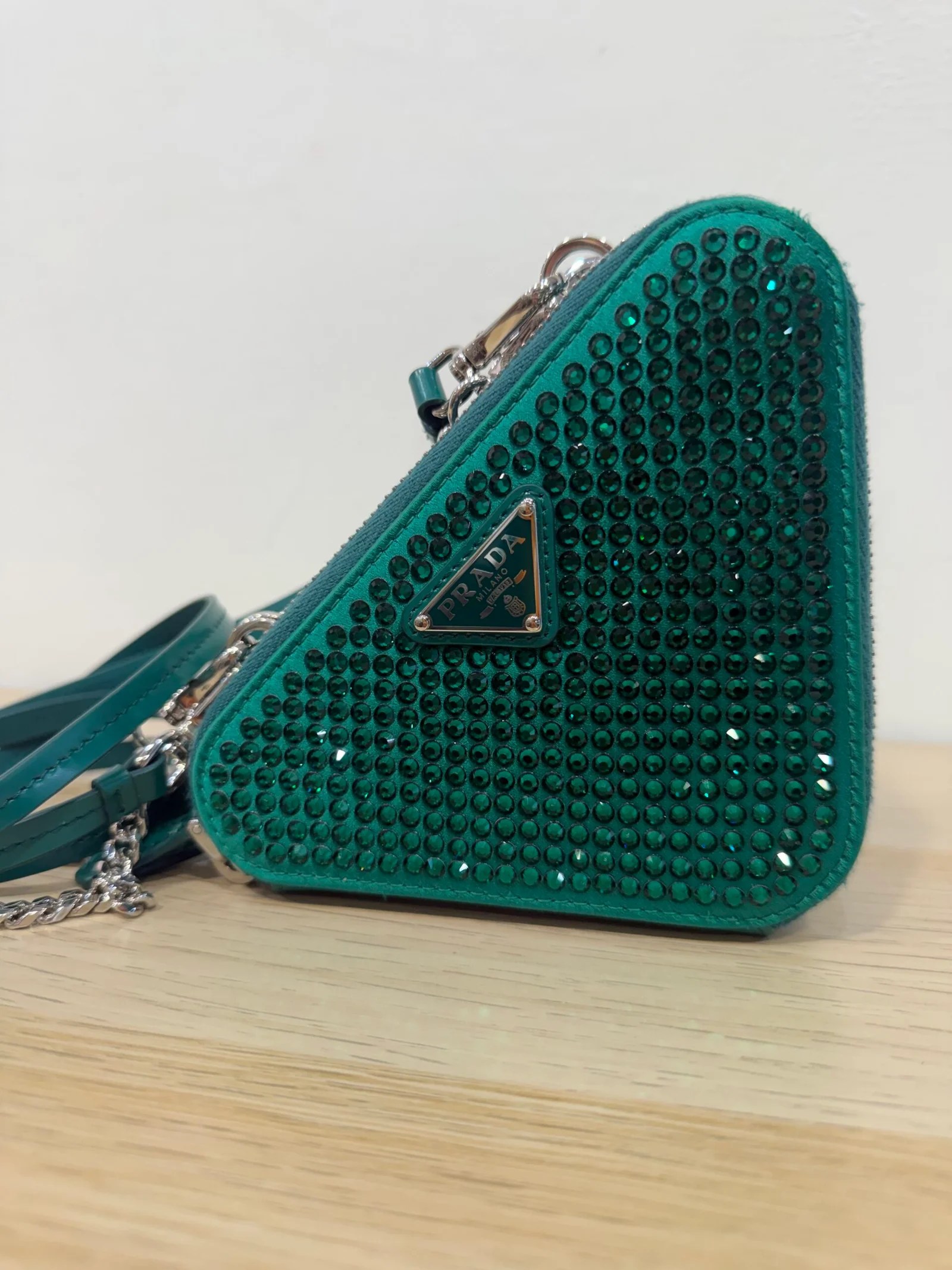 PRADA Mini borsa Triangle doppia color mango Crystal + pelle spazzolata — DelixGo Luxury Bags