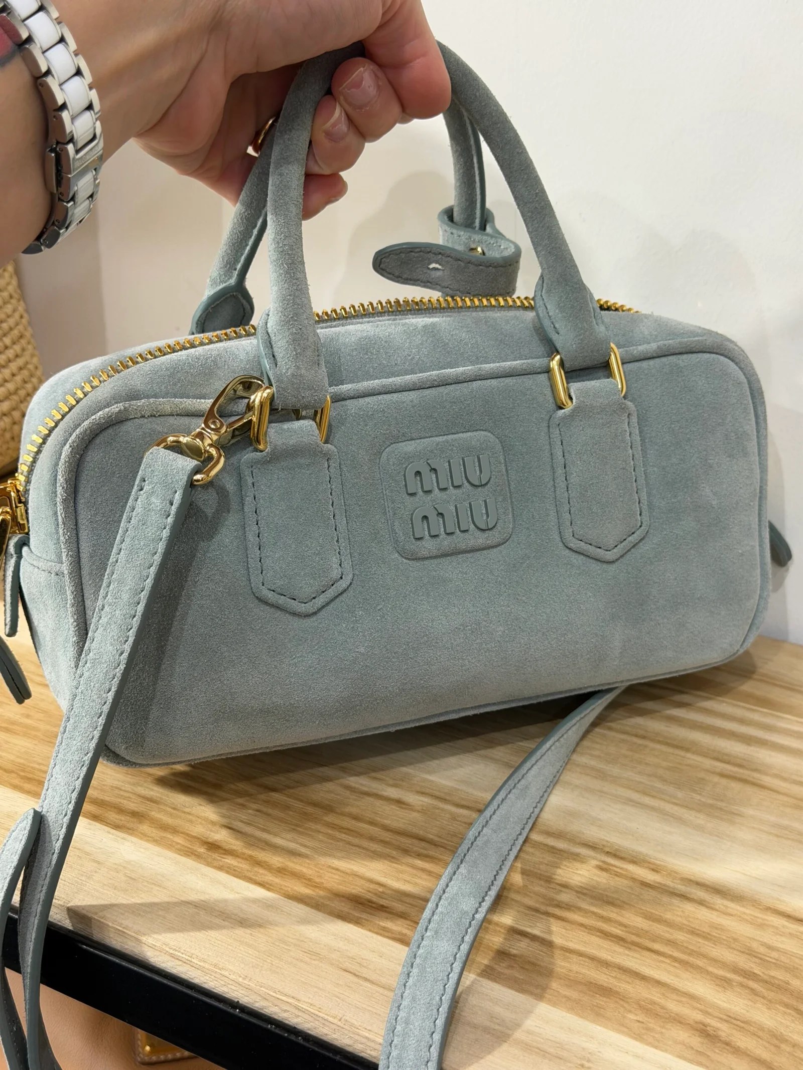 MIU MIU Arcadie in pelle scamosciata color Linfa — DelixGo Luxury Bags