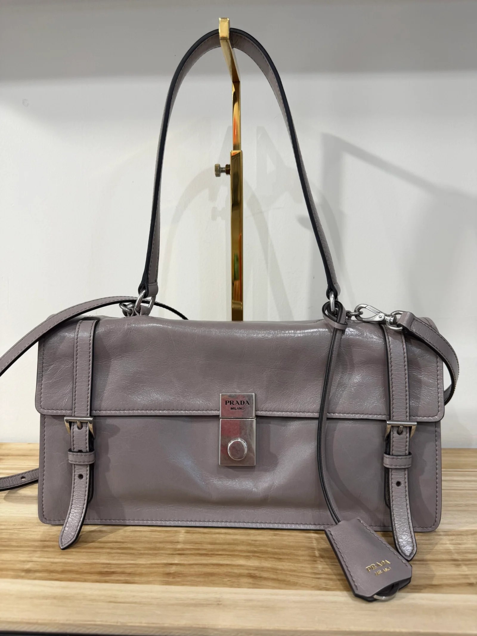 PRADA Shoulder Bag Soft Lux Medium in pelle di vitello color Peltro — DelixGo Luxury Bags