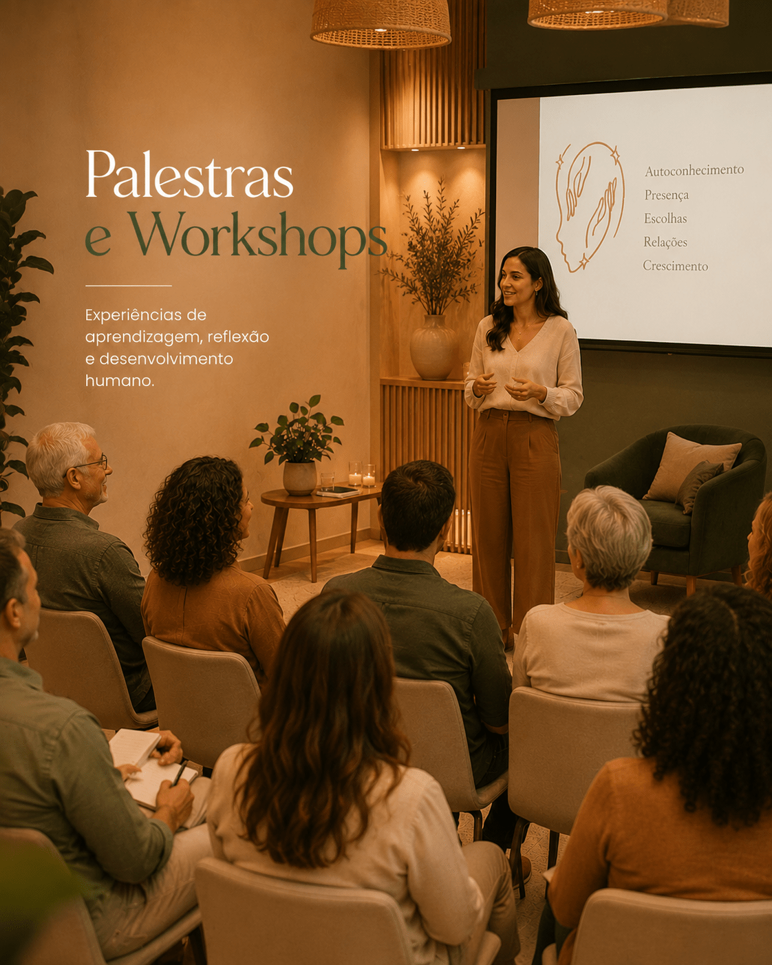 Psicóloga Marines Baldin ministrando palestra e workshop sobre desenvolvimento humano em Erechim. Ao fundo, tela de projeção exibe os conceitos: Autoconhecimento, Presença, Escolhas, Relações e Crescimento.