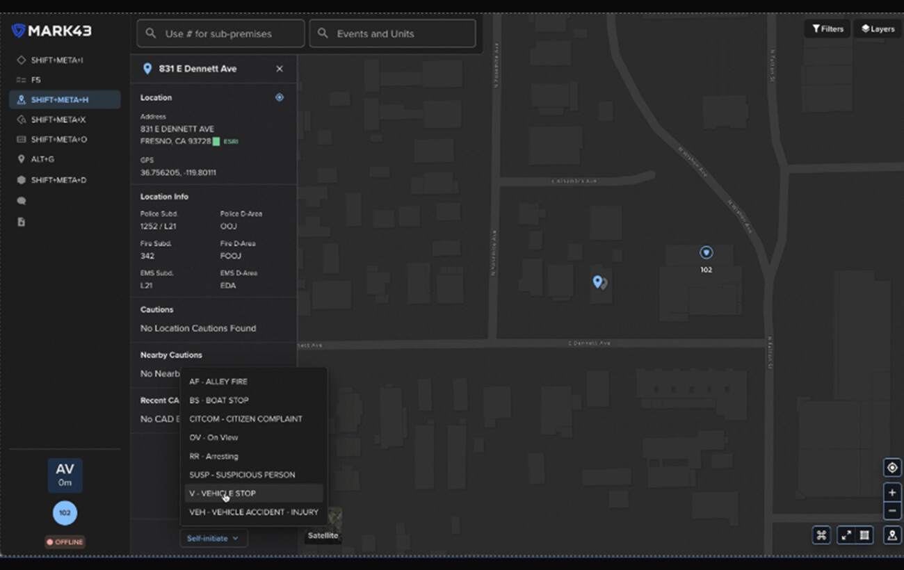 First responder In-Map Actions screen