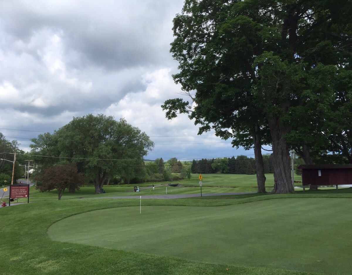 The putting green and the 13th tee beyond.