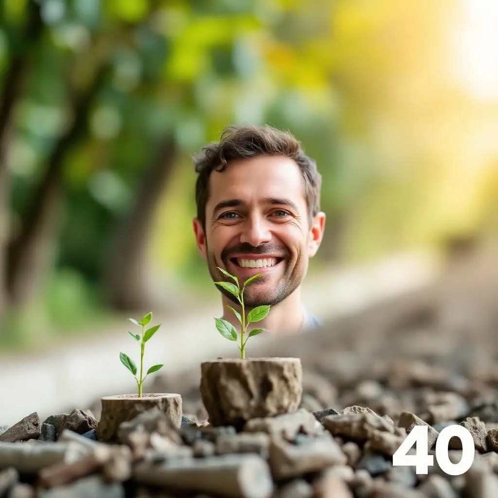 A smiling man stands behind two small plants in rocky soil, with green plants behind him and a white number 40 in the corner.