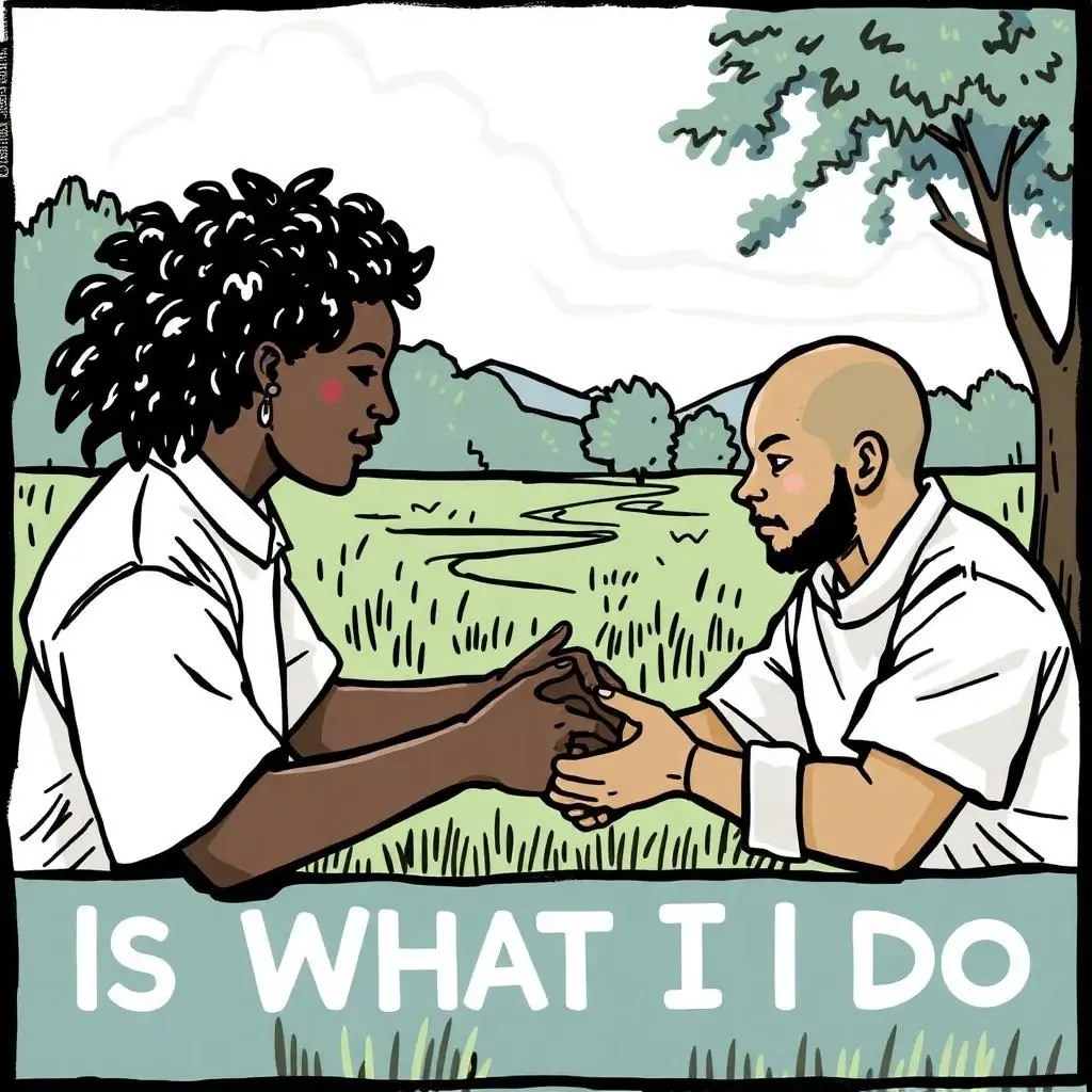 Two people sit across from each other in a grassy field, holding hands and looking at each other. Trees and mountains are behind them. At the bottom, it says, IS WHAT I DO.