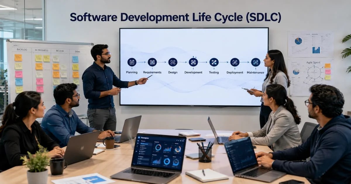 A realistic software development team collaborating in a modern tech workspace, with a large digital screen displaying the SDLC flow from Planning to Maintenance.