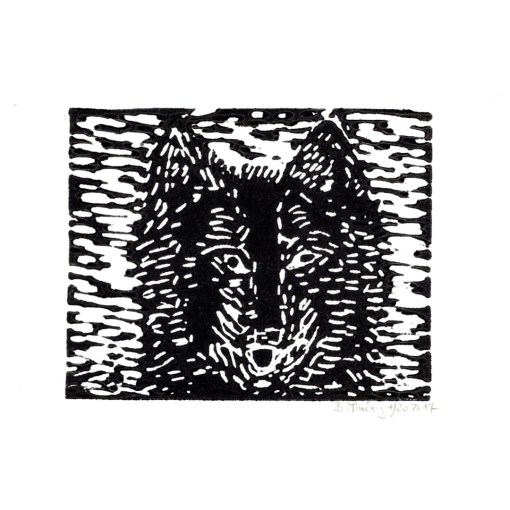 Wolf frontal II, Linoldruck auf Papier, 13 × 20 cm