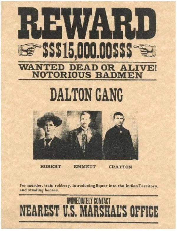 A wanted poster for the Dalton gang, the same year that the Coffeyville citizens killed most of the gang.