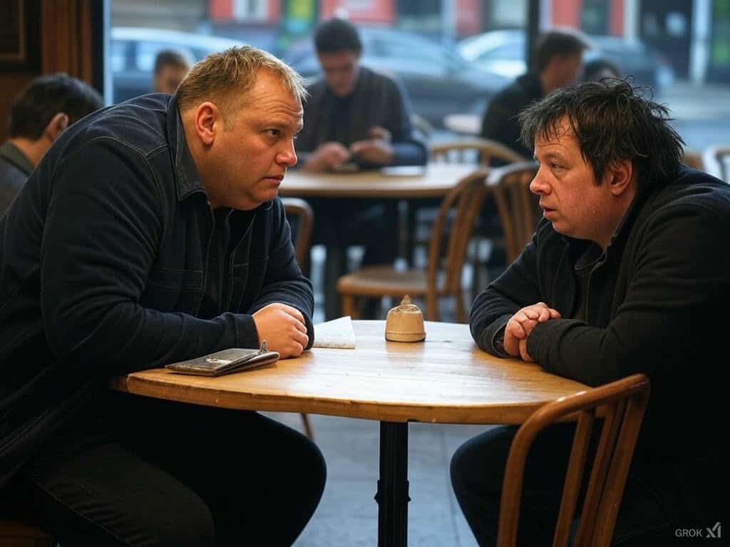 Two men sitting at a café talking,