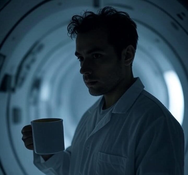 A man in a white lab coat holding a coffee cup.