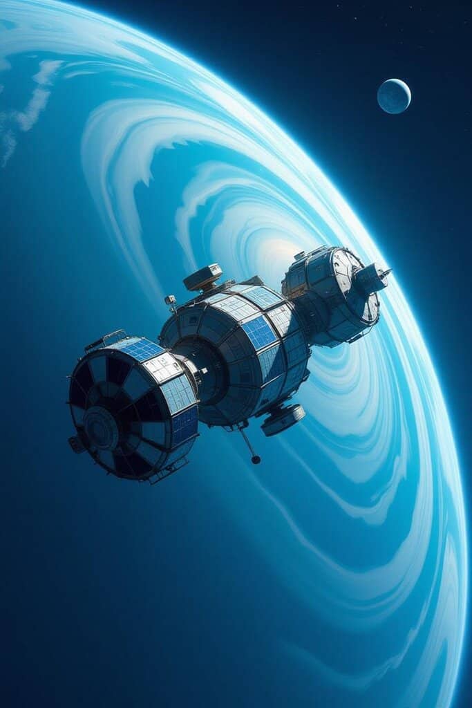 Futuristic space station orbiting Neptune with a distant moon in the background, showcasing advanced space technology.