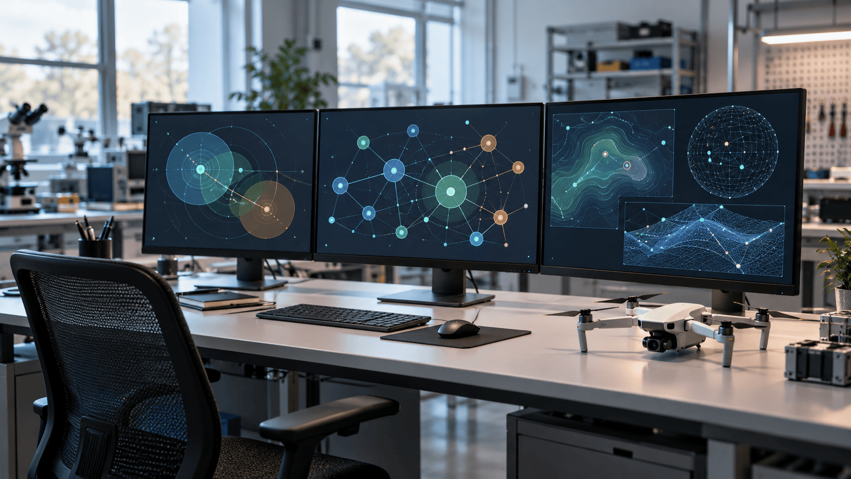 توضيح مفاهيمي لدمج المستشعرات والتحكم بالمسيّرات، لا يمثل واجهة Nexus الفعلية