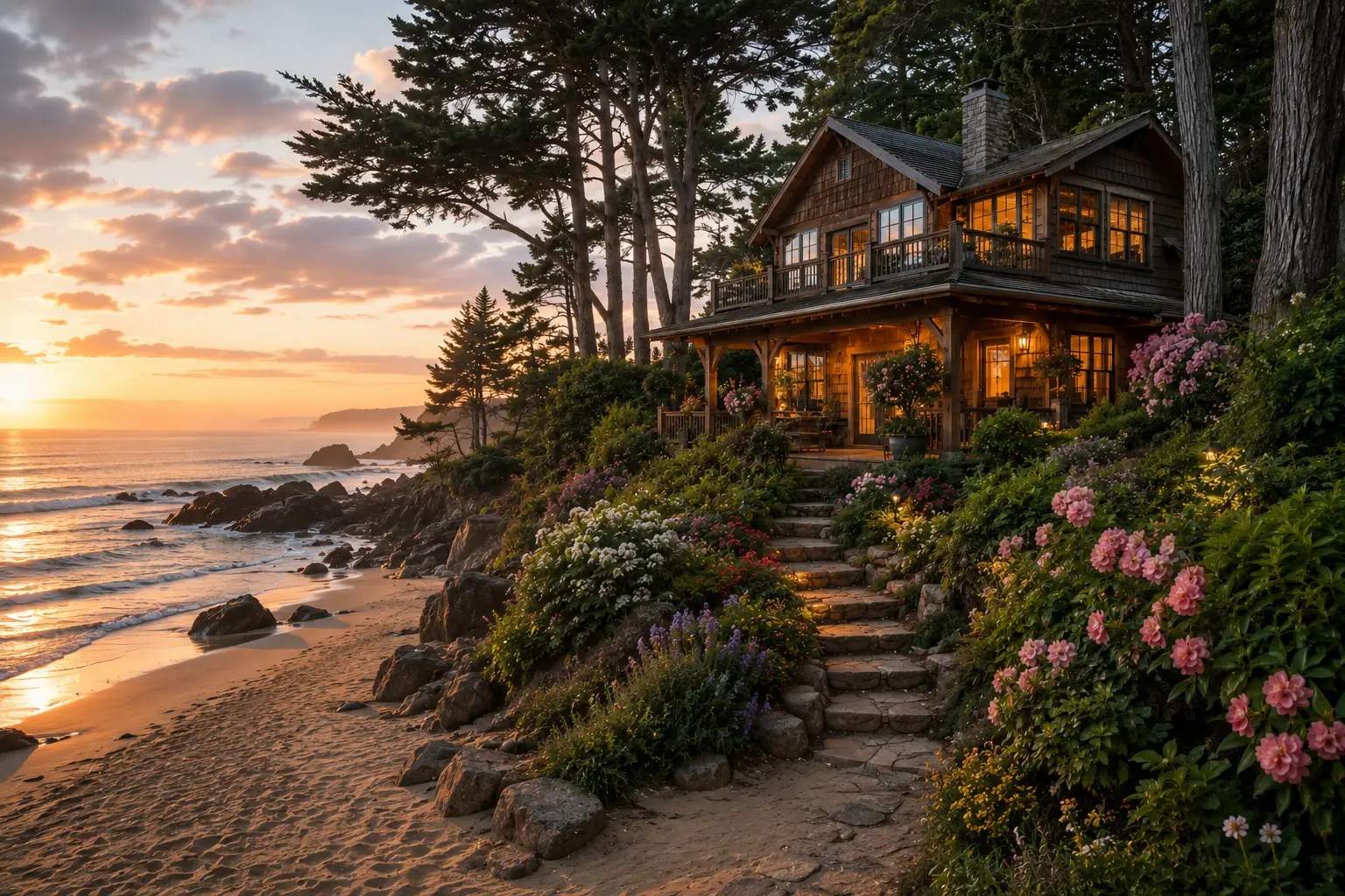 Sunset-lit wooden coastal house with a wraparound porch, stone steps, and lush flowering garden along a rocky shoreline.