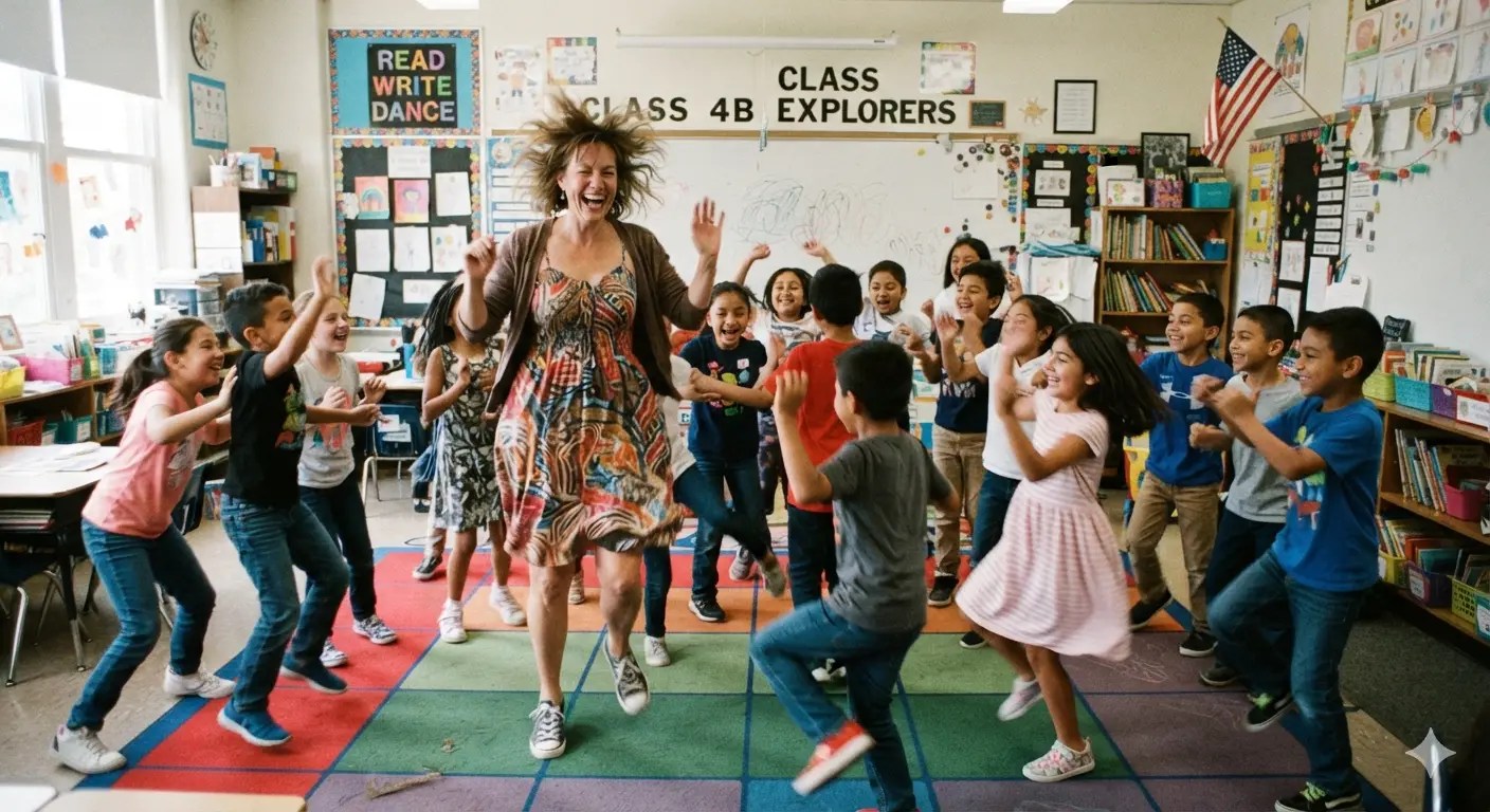 Teacher leading a joyful jump rope-free dance moment with students on a colorful classroom rug.