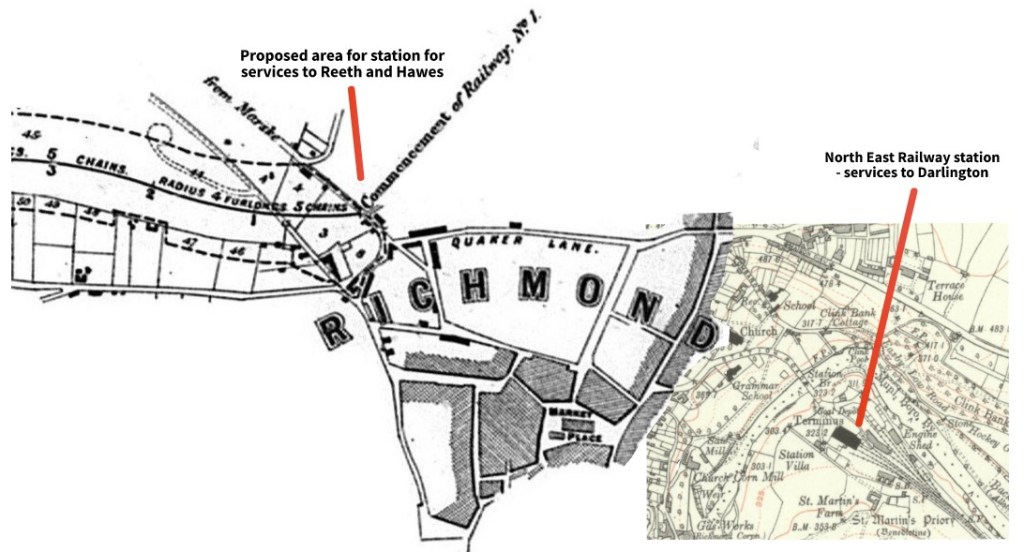Maps showing plans for railway station to serve Reeth, juxtaposed with map showing North East Railway station in Richmond.