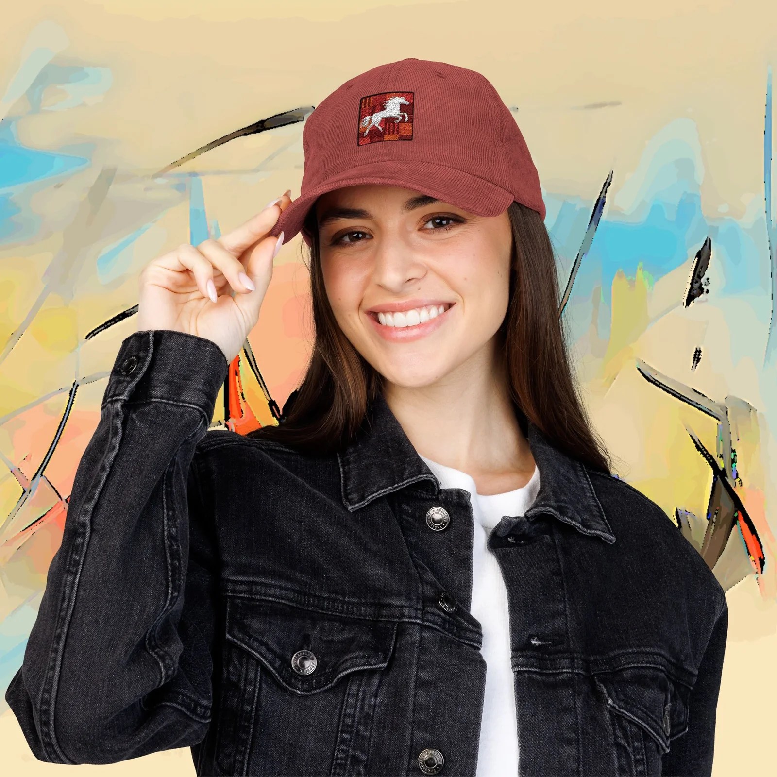 Corduroy Baseball Cap with Embroidered Galloping Horse — Vintage Rustic Hat – product gallery – M · Art & Design