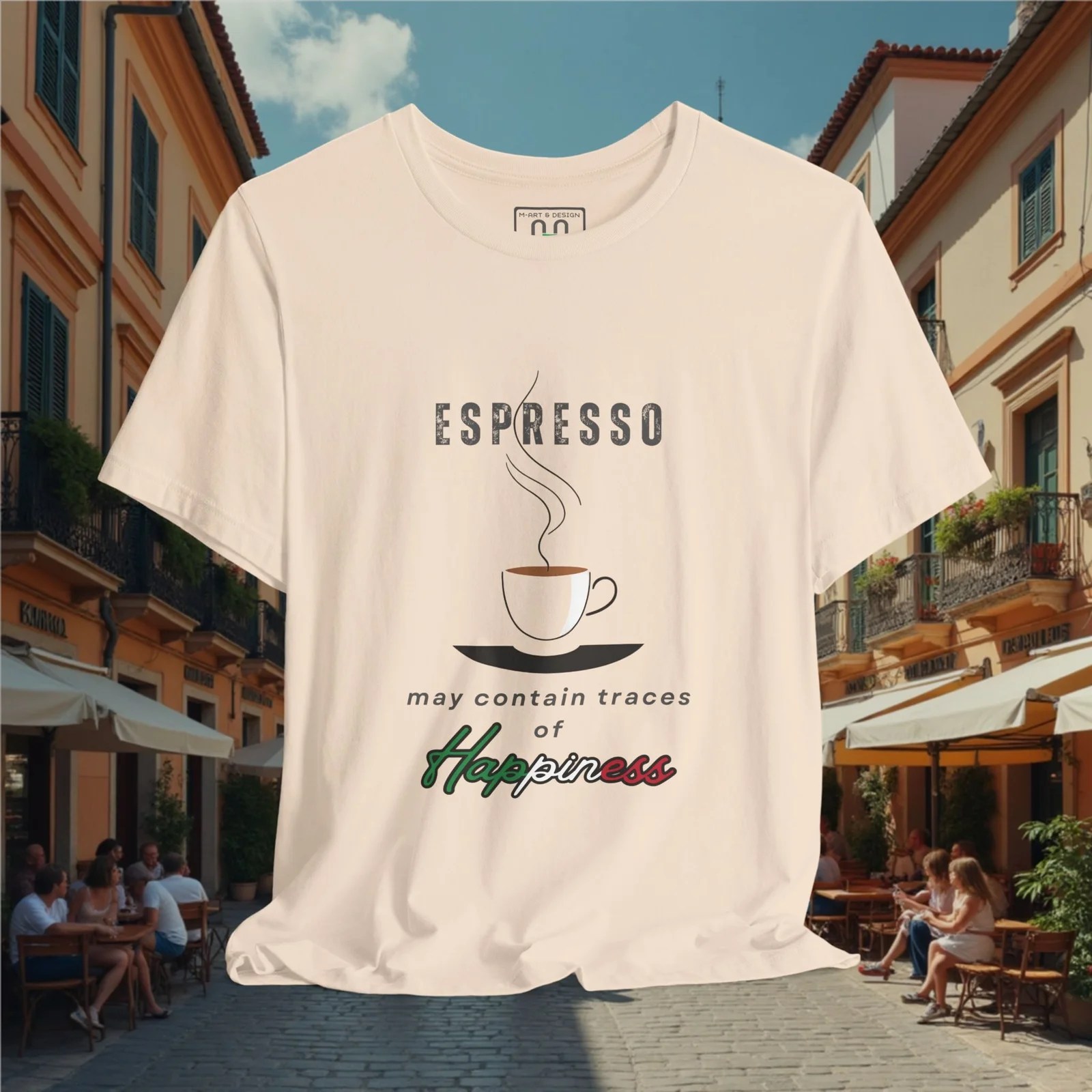 Espresso T-Shirt — “Espresso may contain traces of Happiness” Coffee Tee – Lineart Bella+Canvas T-shirt by Martume (Detail view)