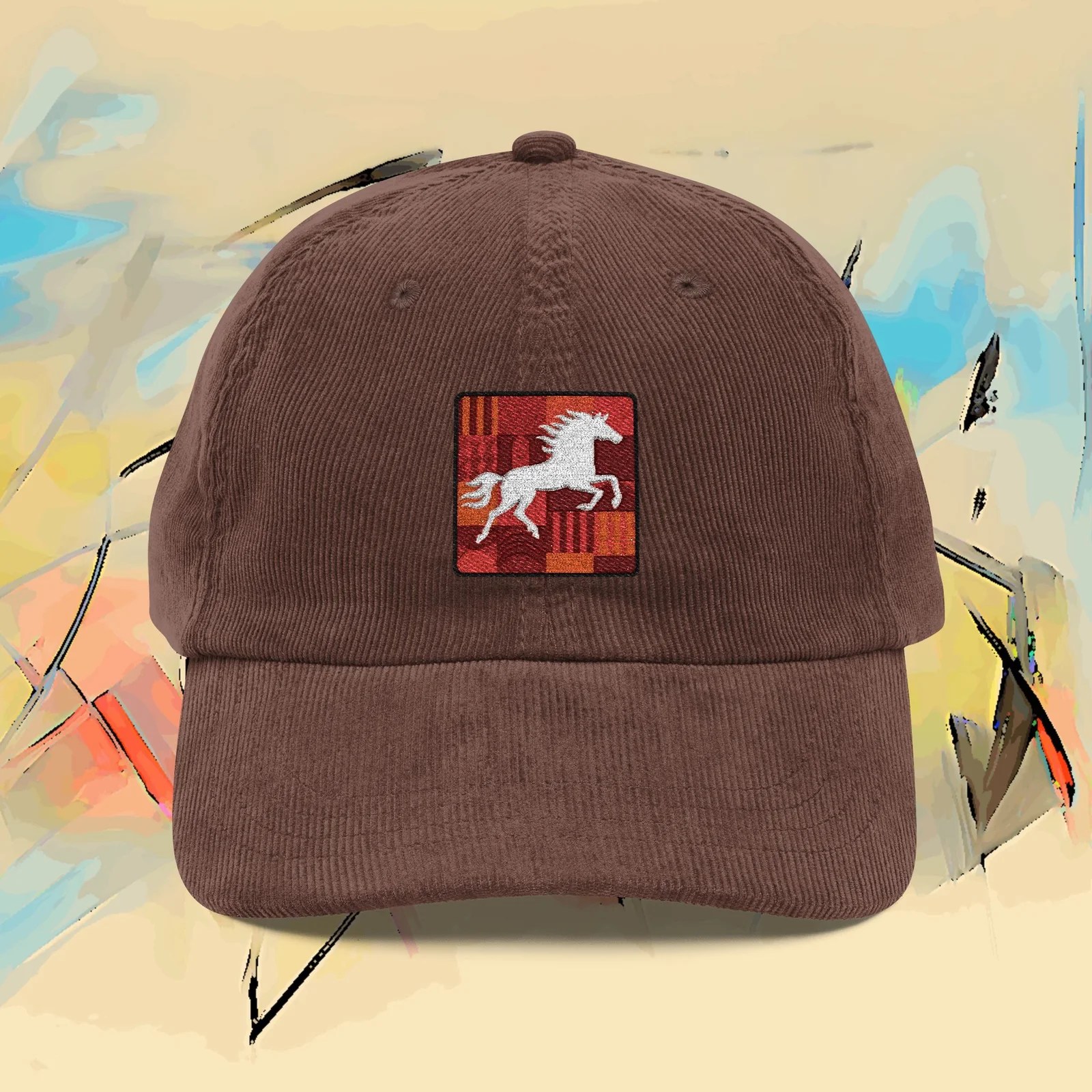 Corduroy Baseball Cap with Embroidered Galloping Horse — Vintage Rustic Hat – product gallery – M · Art & Design