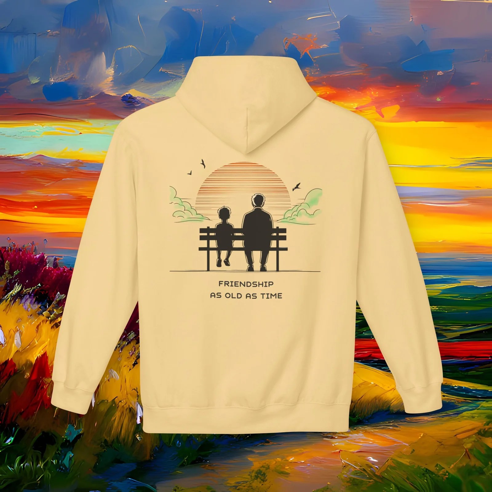 Friendship As Old As Time Hoodie — Vintage Sunset Bench Friends Pullover – product gallery – M · Art & Design