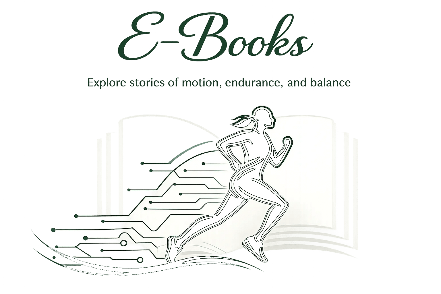 Elegant e‑book category banner featuring a running silhouette with circuit lines and four book covers titled “Running Philosophy,” “Marathon Mindset,” “Digital Detox,” and “Flow & Focus.”