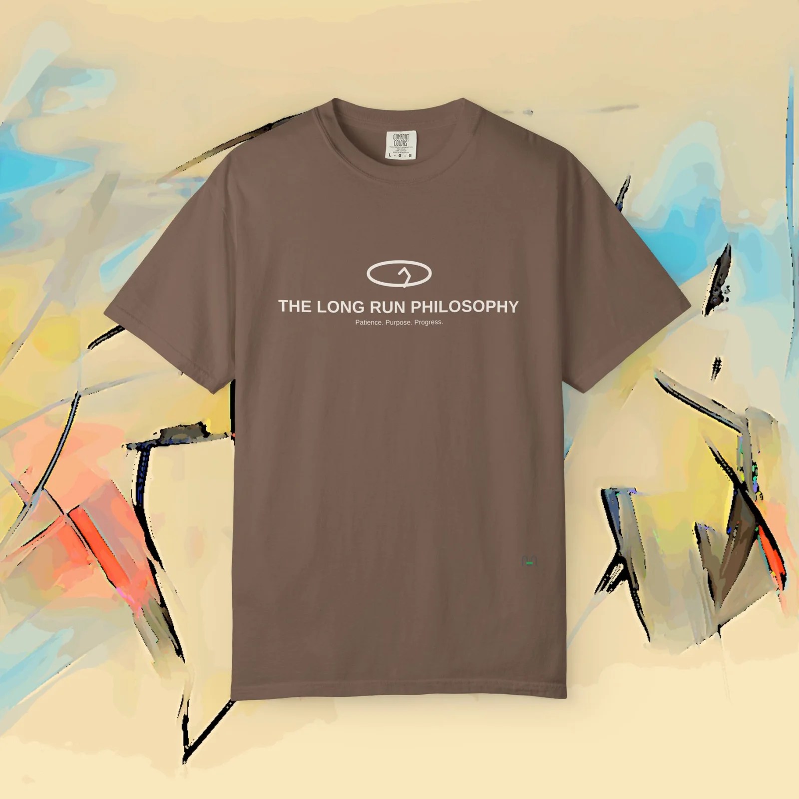 Long Run Philosophy Tee – Unleash Patience & Purpose (Comfort Colors) (Dark Colors) – Running Bella+Canvas T-shirt by Martume (Lifestyle view)