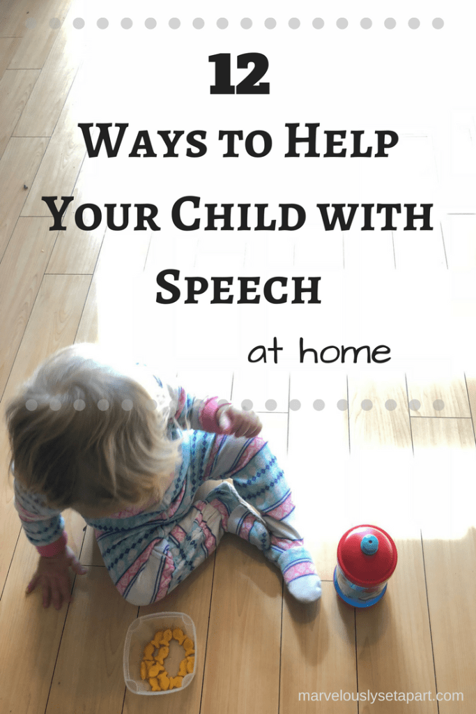 little girl on the floor with 12 ways to help your child with speech iheading above her head