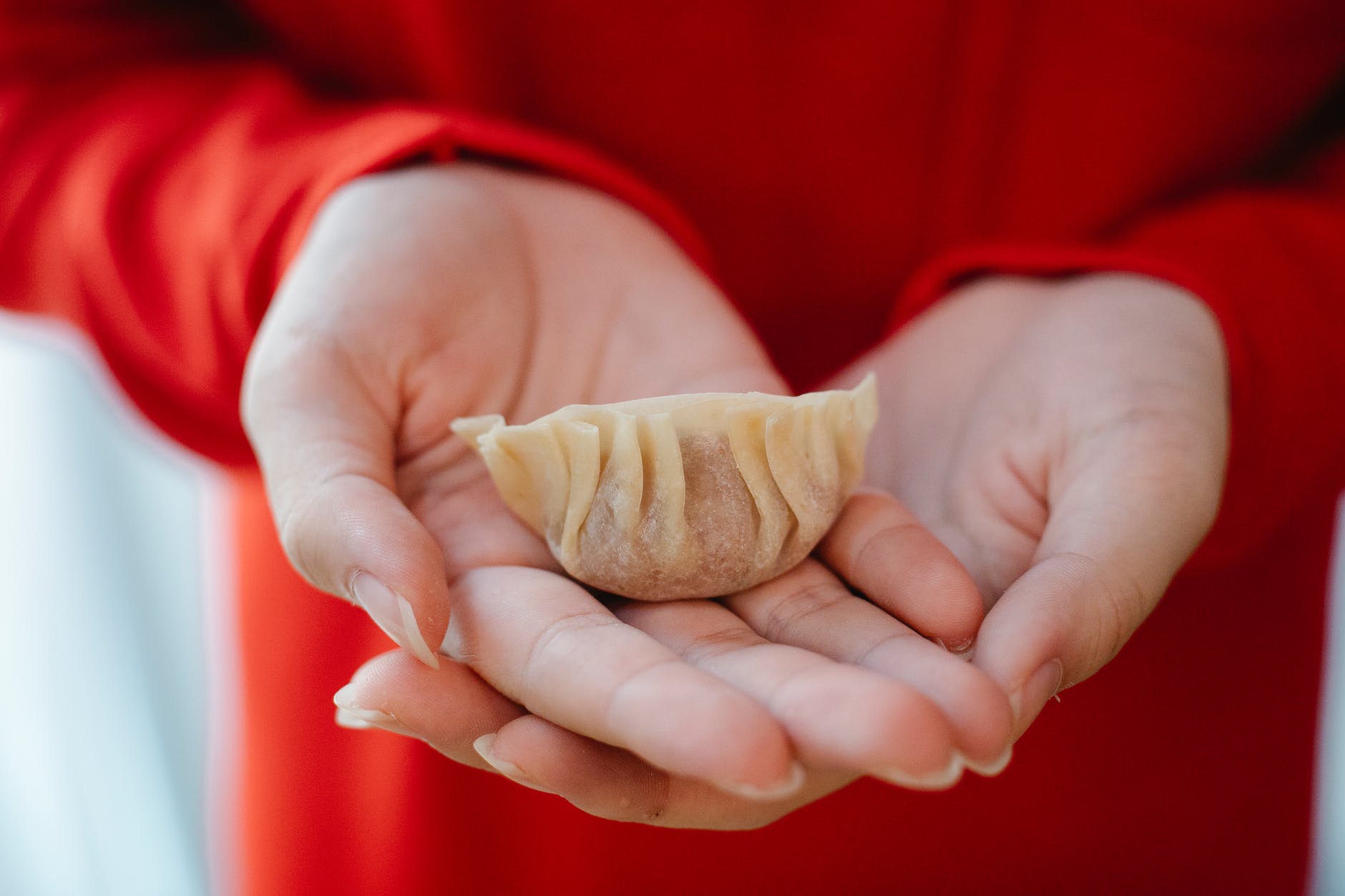 person showing jiaozi dumpling in hands