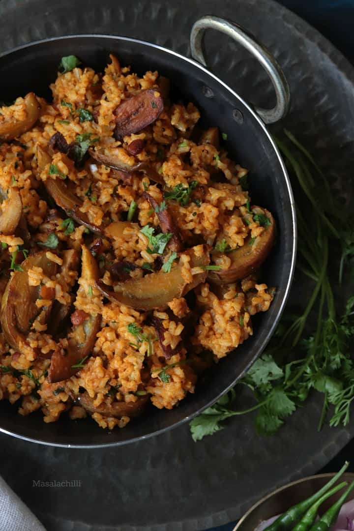 Brinjal Rice made with Sona Masoori Brown Rice