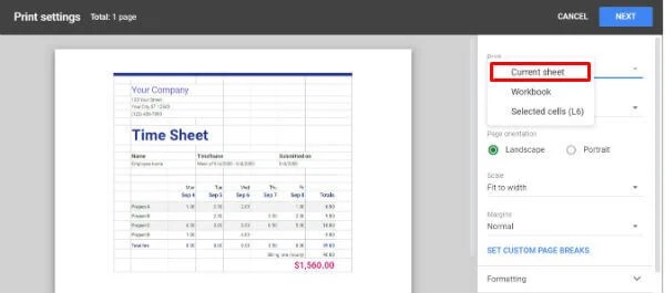 google sheet print selection