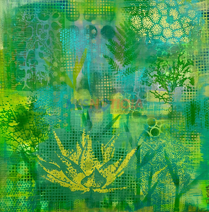 Artista, printmaker y desiñadora di textiel, Elisa Lejuez-Peters, a regala biblioteca un cuadra titula ‘Green Perspective’