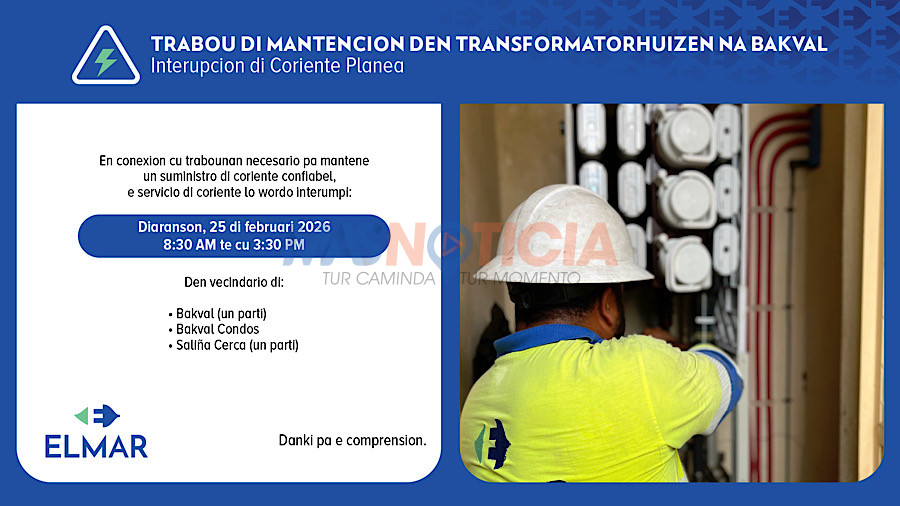 ELMAR: Trabou di mantencion den e Transformatorhuizen na Bakval riba diaranson 25 di februari 2026