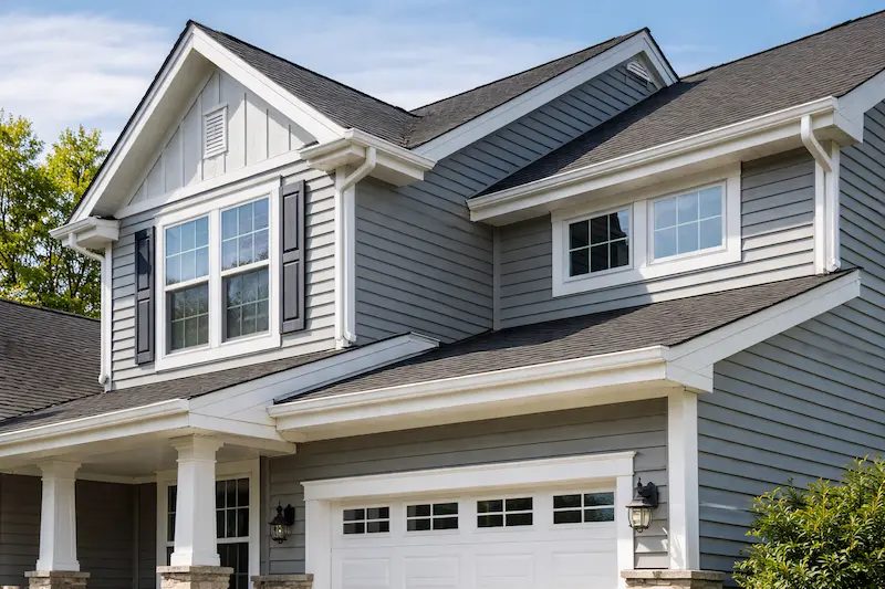Two-story home exterior with gray vinyl siding and white trim in Decatur, Indiana