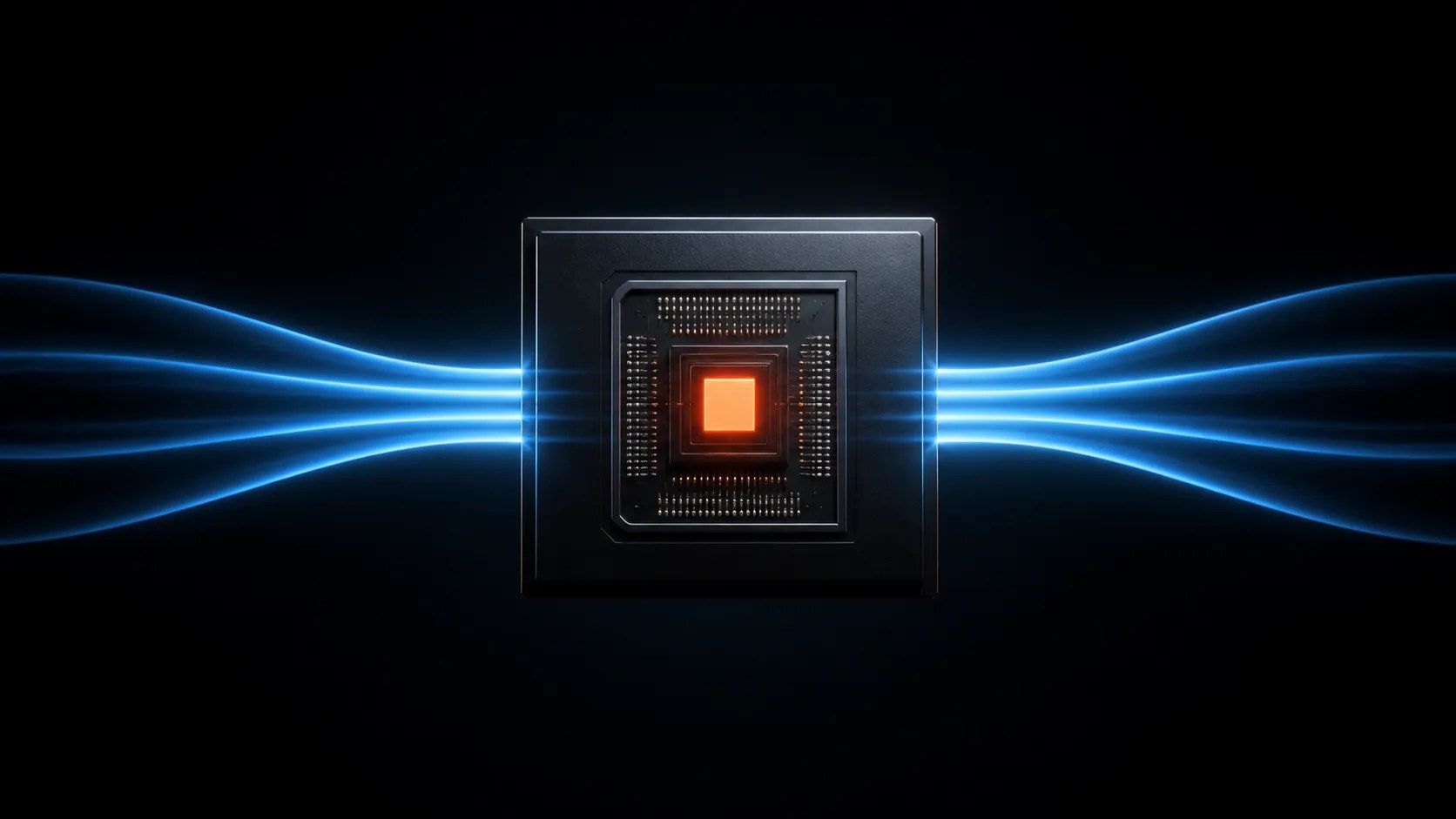 A GPU processor package on a black background with its centre die glowing orange, while streams of blue light flow in from the left and out to the right, narrowing as they pass through the chip.