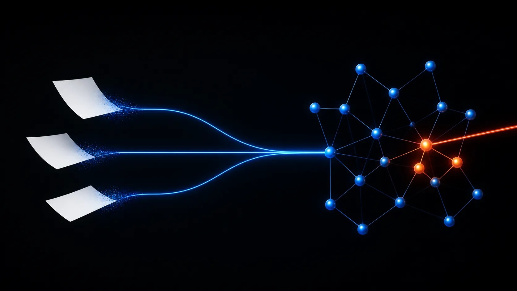 Three white documents on the left dissolve into blue particles that flow along converging lines into a network of connected blue nodes. Near the right of the network a small cluster of nodes glows orange, with an orange beam leaving the frame.