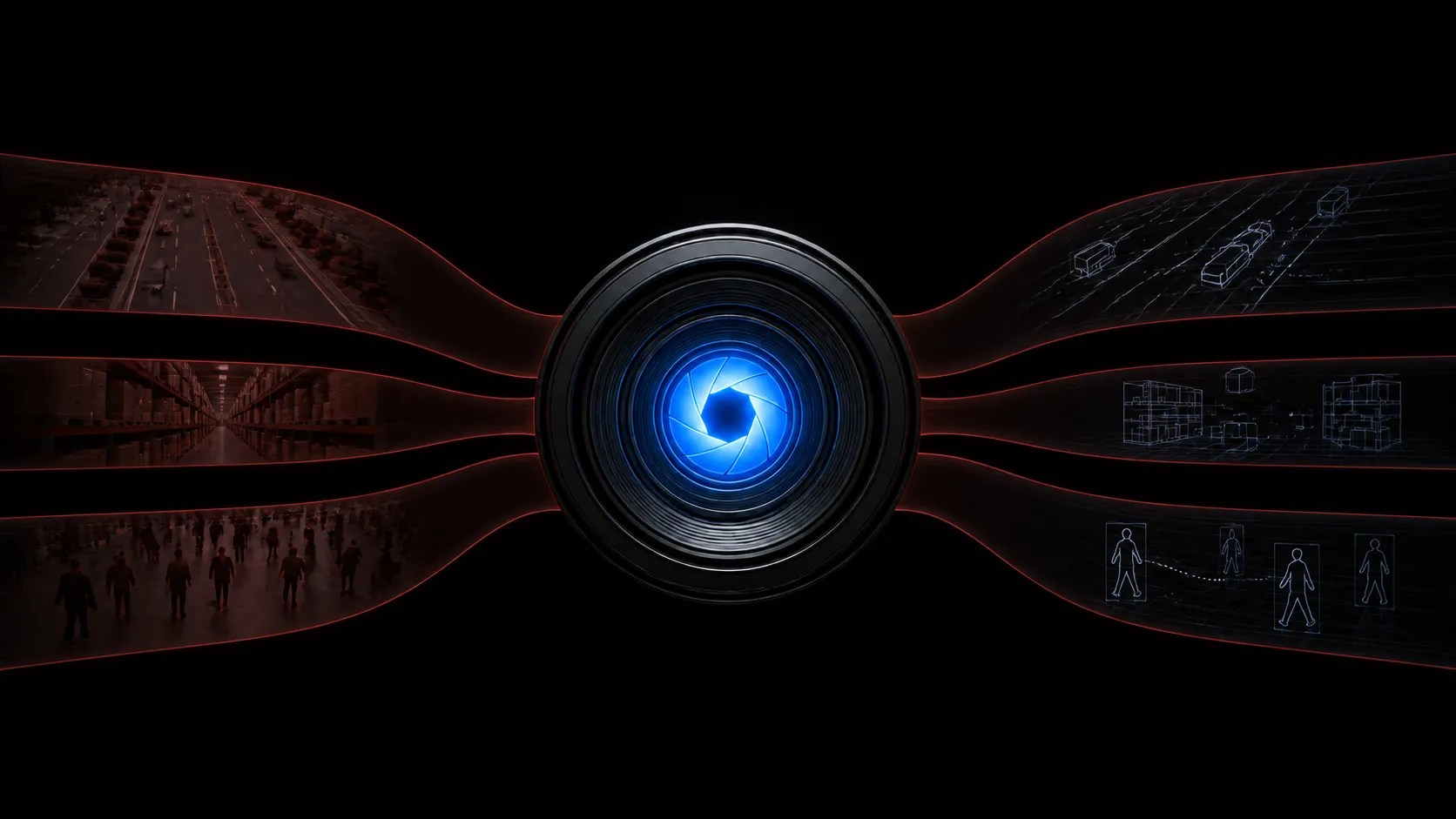 A camera lens with a glowing blue aperture at the centre. On the left, three bands of dark video footage show highway traffic, a warehouse aisle and a crowd of people. On the right, the same three scenes reappear as blue wireframe outlines with vehicles, shelves and people marked inside detection boxes.