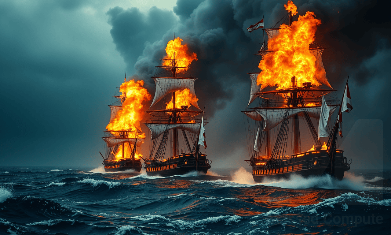 FLUX.1-schnell image of three burning ships of the line, with a light Massed Compute watermark.