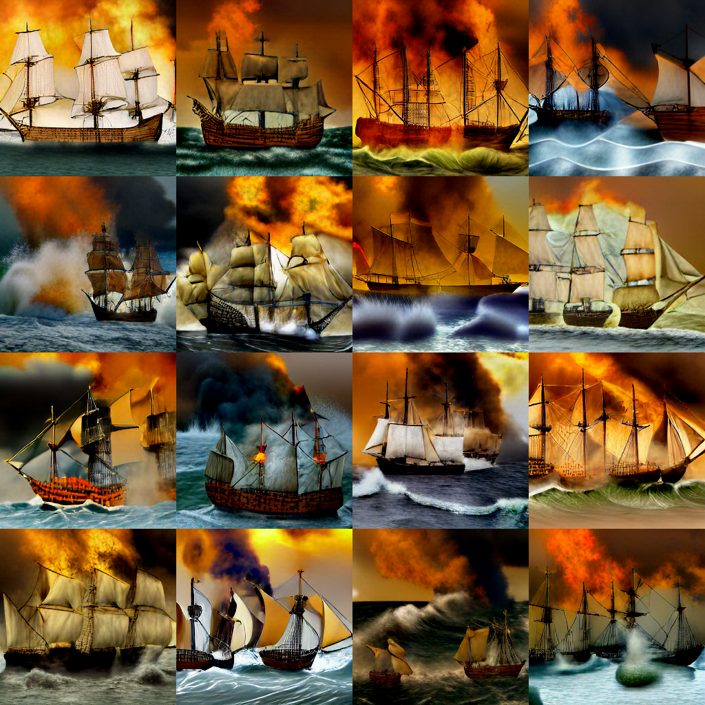 Local min-dalle Mega 4 by 4 grid of the same burning-ships prompt.