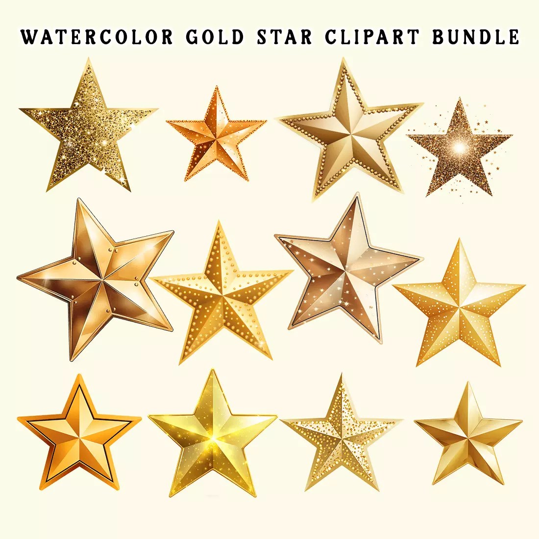 Watercolor Gold Star Clipart Bundle