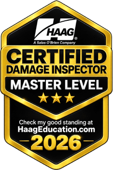 HAAG Master Level Certified Damage Inspector badge for Mastercraft Roofing LLC commercial roofing contractor in Fort Worth Texas