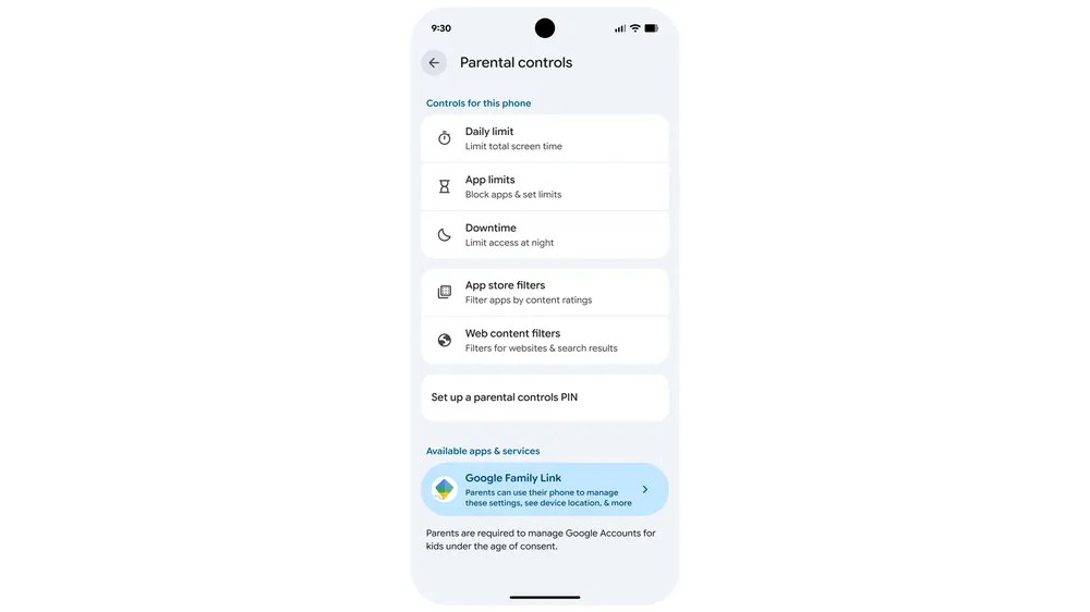 Official Google image showing Android parental controls screen