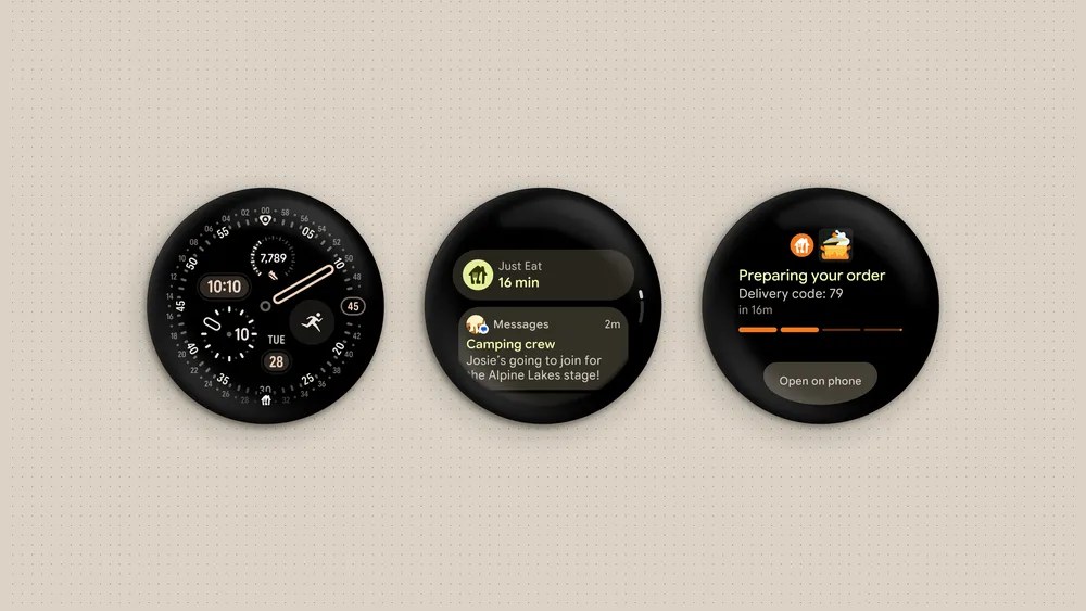 Wear OS 7 screenshot showing live updates on a smartwatch