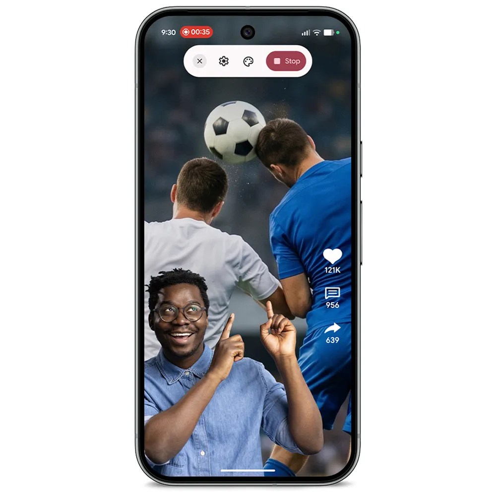 Official Google Pixel image showing Screen reactions inside a screen recording