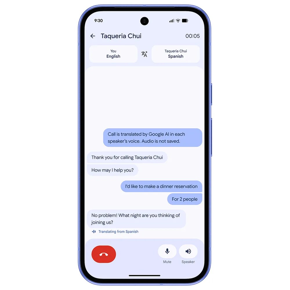 Official Google Pixel image showing Voice Translate during a phone call