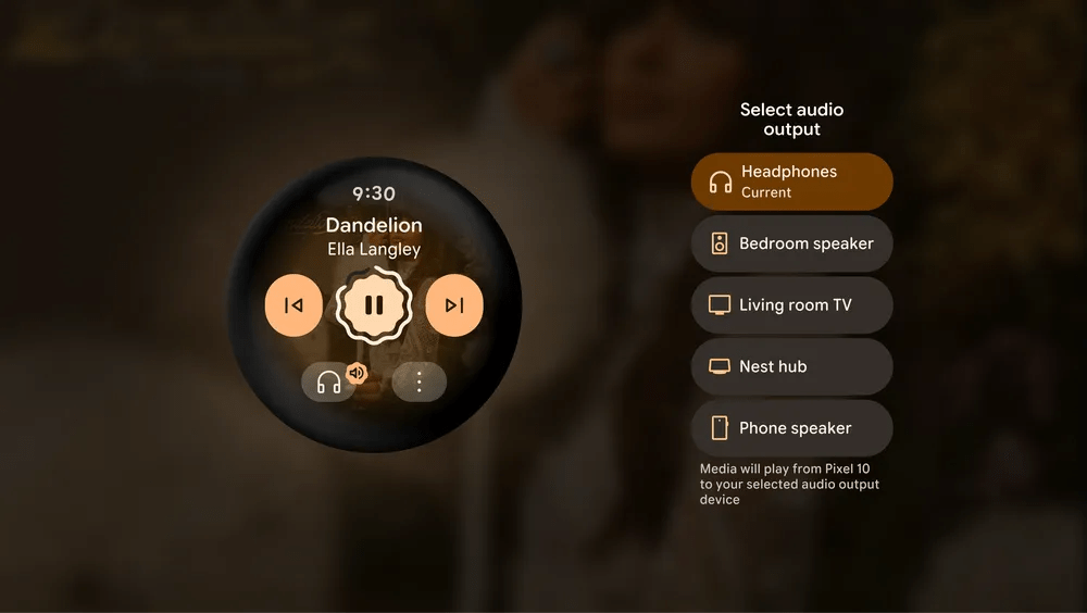 Wear OS 7 screenshot showing the Remote Output Switcher on a smartwatch