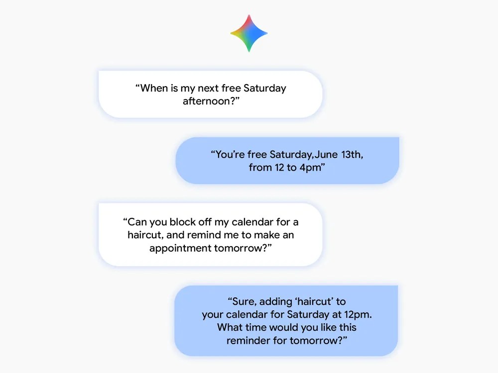 Official Google image showing a multi-step conversation example for Google Home Speaker