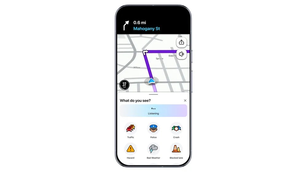 Waze official screen showing conversational map update reporting with Gemini