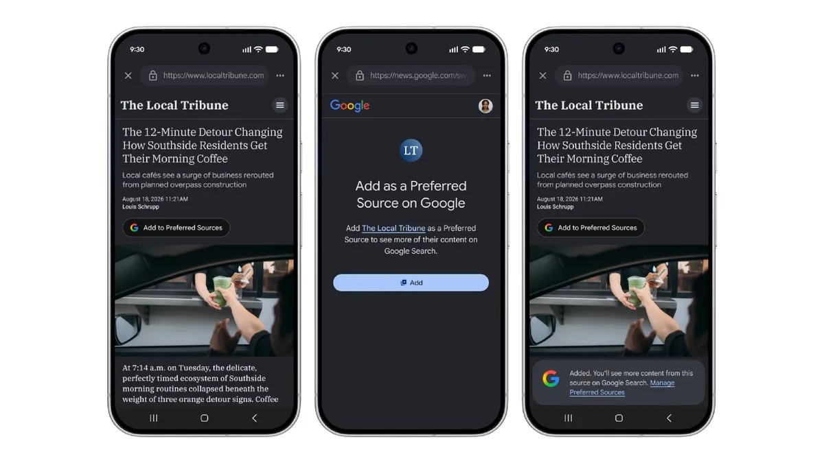 Google official phone renderings showing the Preferred Sources button flow