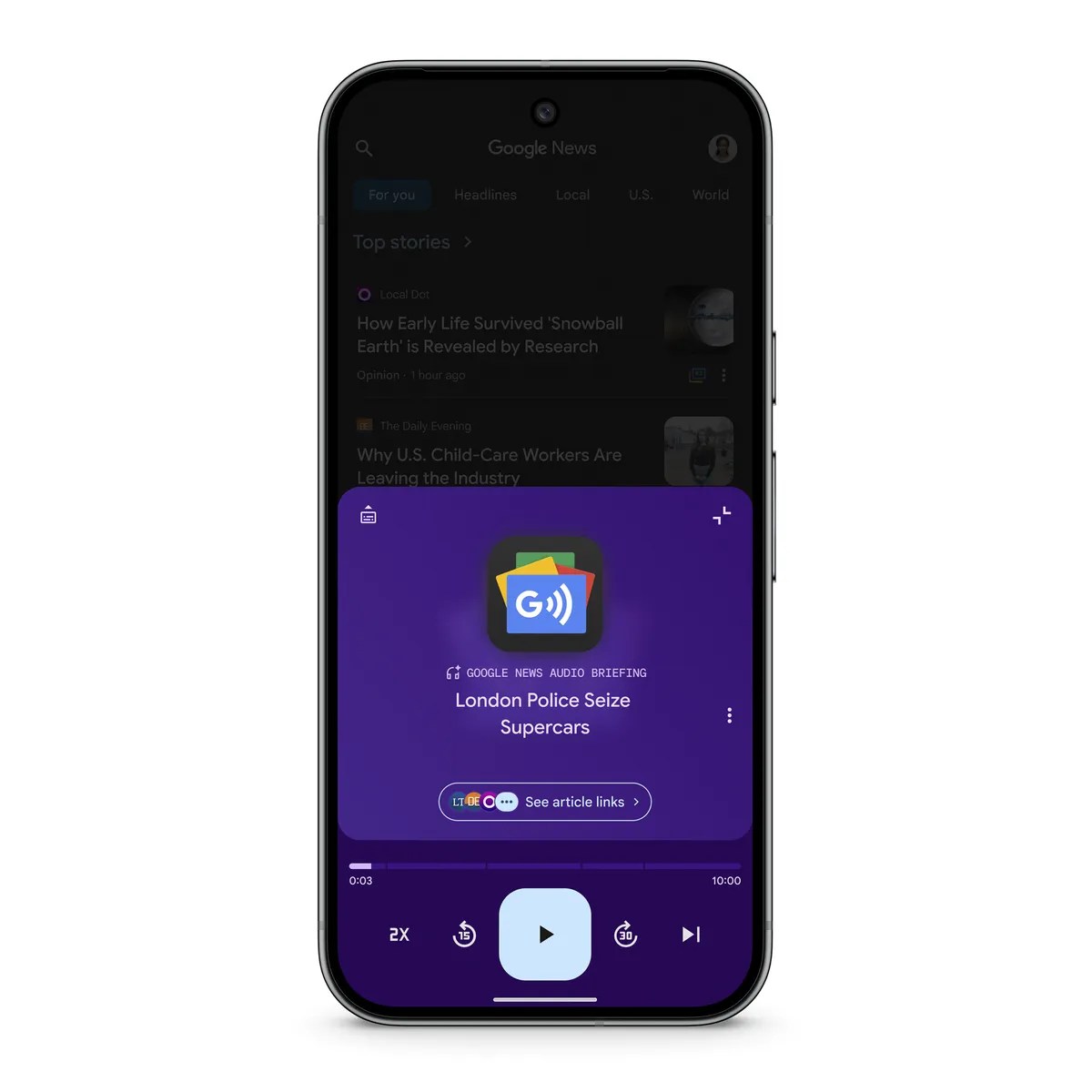 Google News app official rendering showing curated audio briefings with article links
