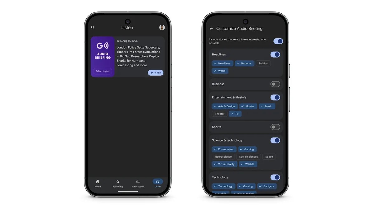 Google News app official rendering for customized audio briefings by topic