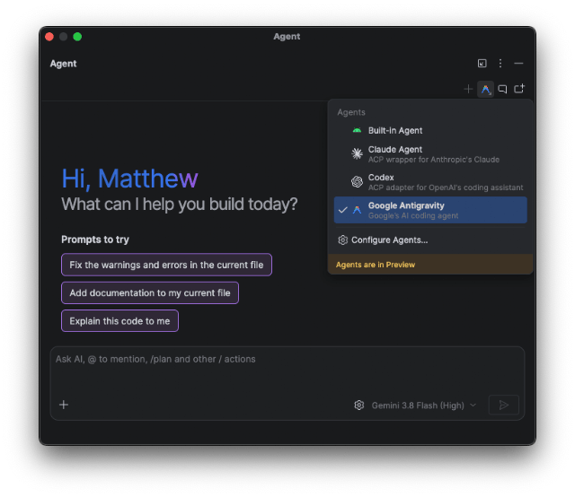 Android StudioでGoogle Antigravityを選ぶ公式画面