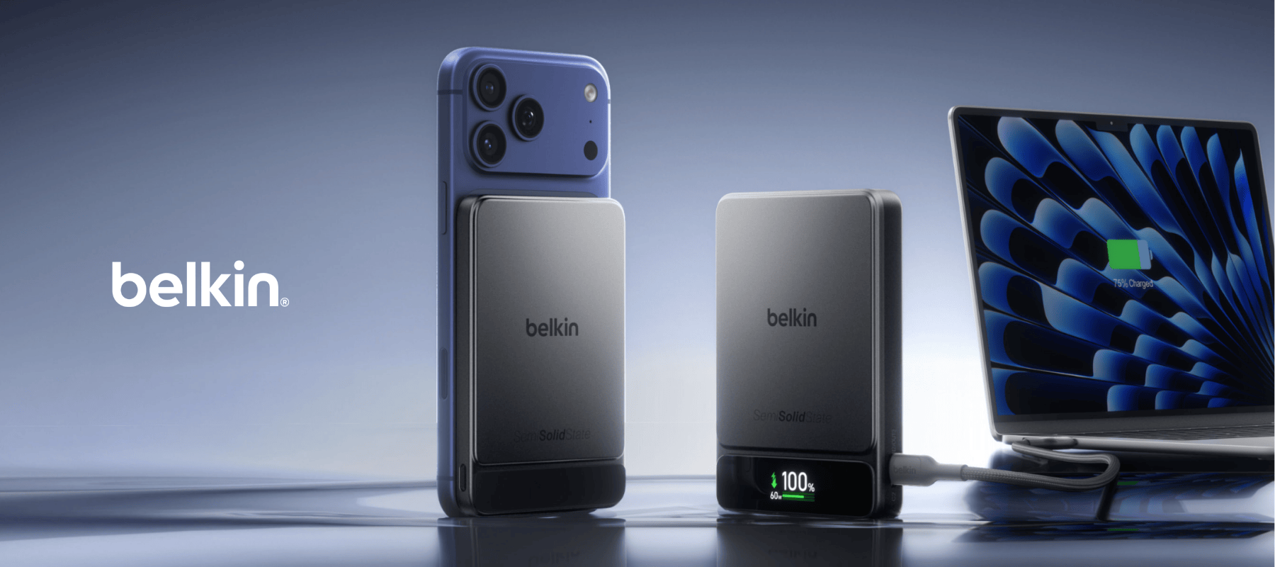 Belkin UltraCharge Pro BoostSolid Cell 5K and 10K power banks charging a smartphone and laptop
